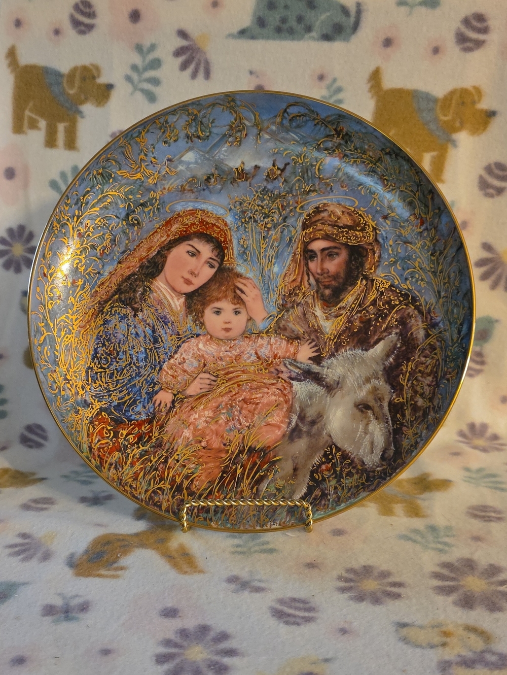 Knowles Hand-Painted Nativity Plate in Blue, Gold, Pink, Brown